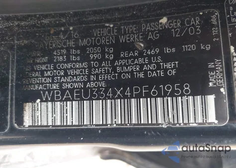 2004 BMW 325Xi из США, поврежденный, VIN WBAEU334X4PF61958